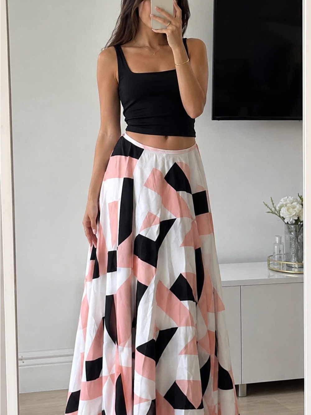 City Studio Geometric Print Maxi Skirt - Pink, Black & White